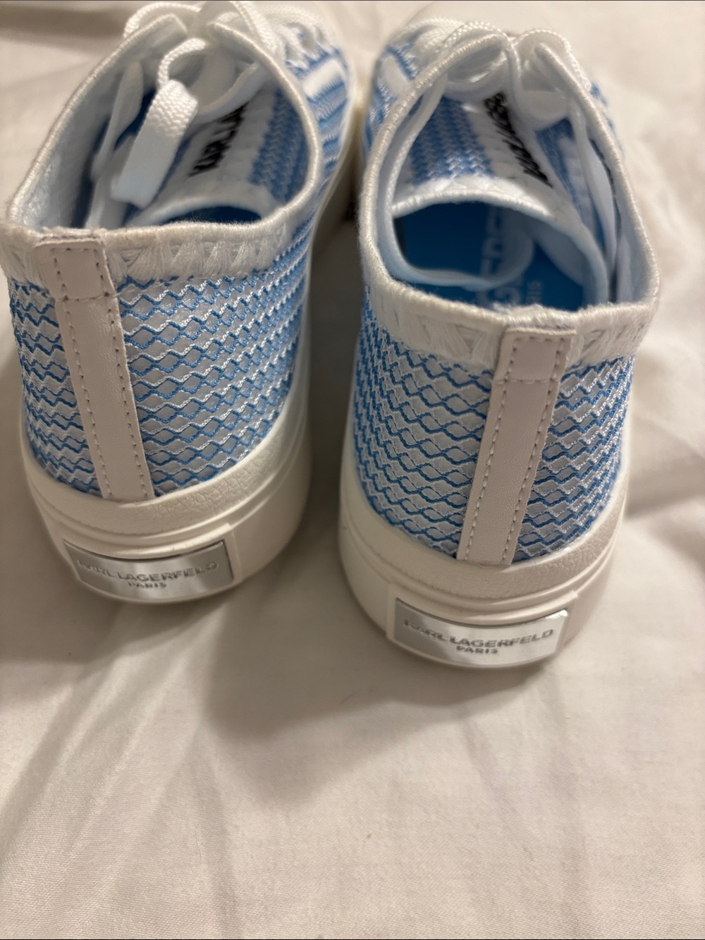 Karl Lagerfeld White and Light Blue Knit Lace-Up Sneakers for Women - Picture 5 of 7